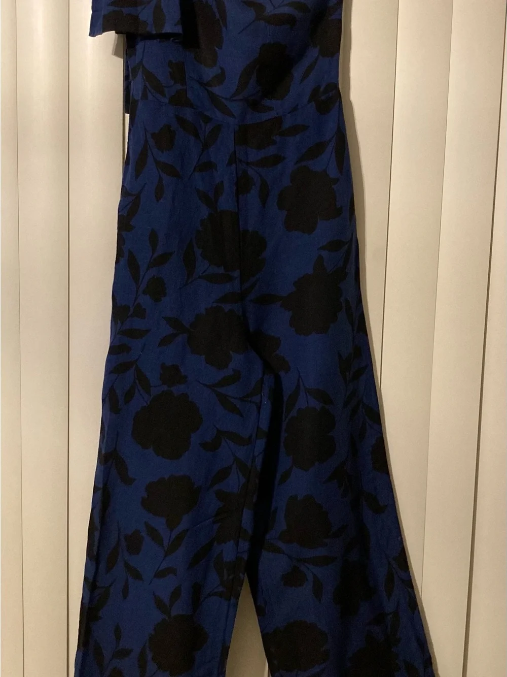Kate Spade Navy Blue Black Floral One Shoulder Bow Jumpsuit Size 00 Linen Blen